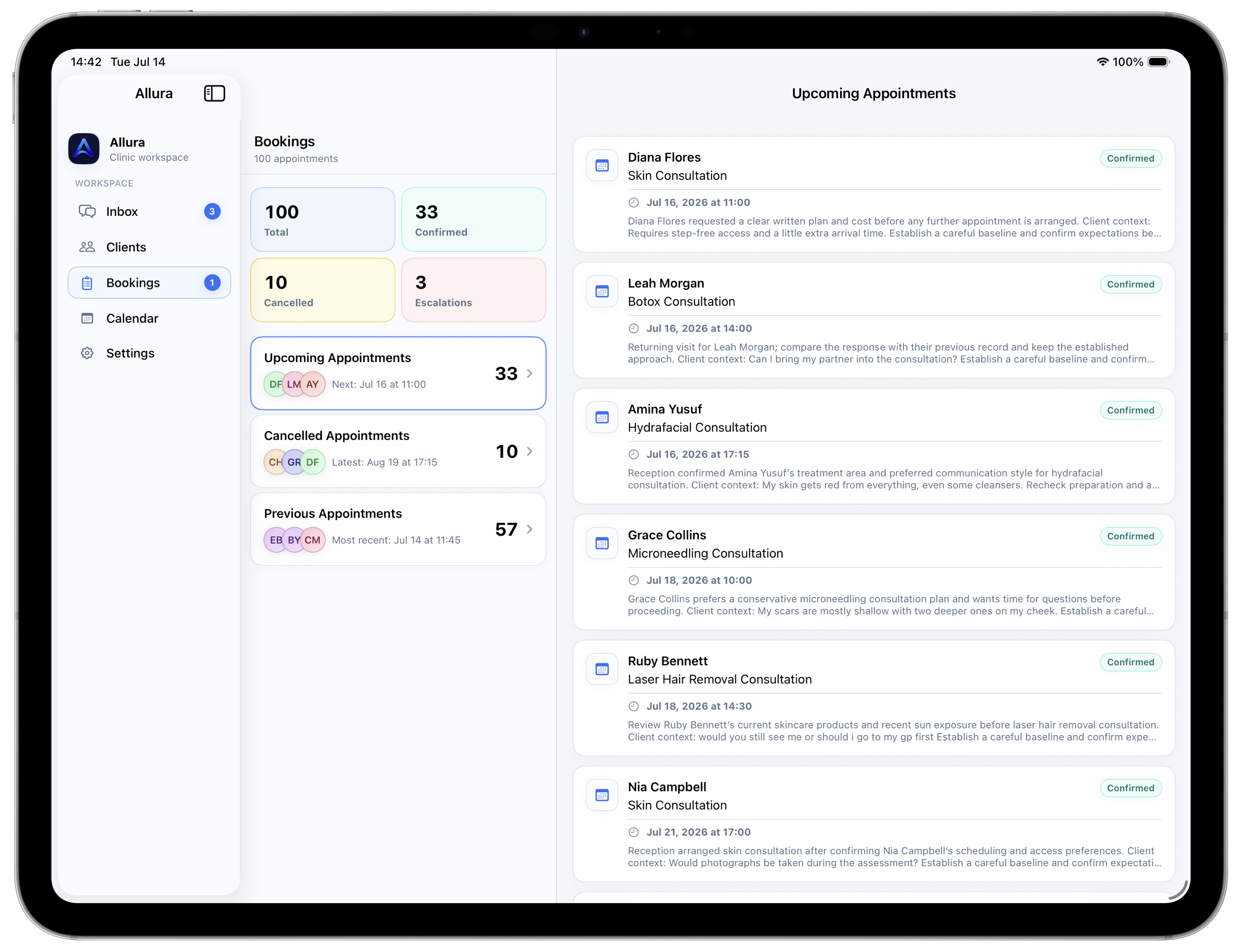 Allura booking visibility on iPad