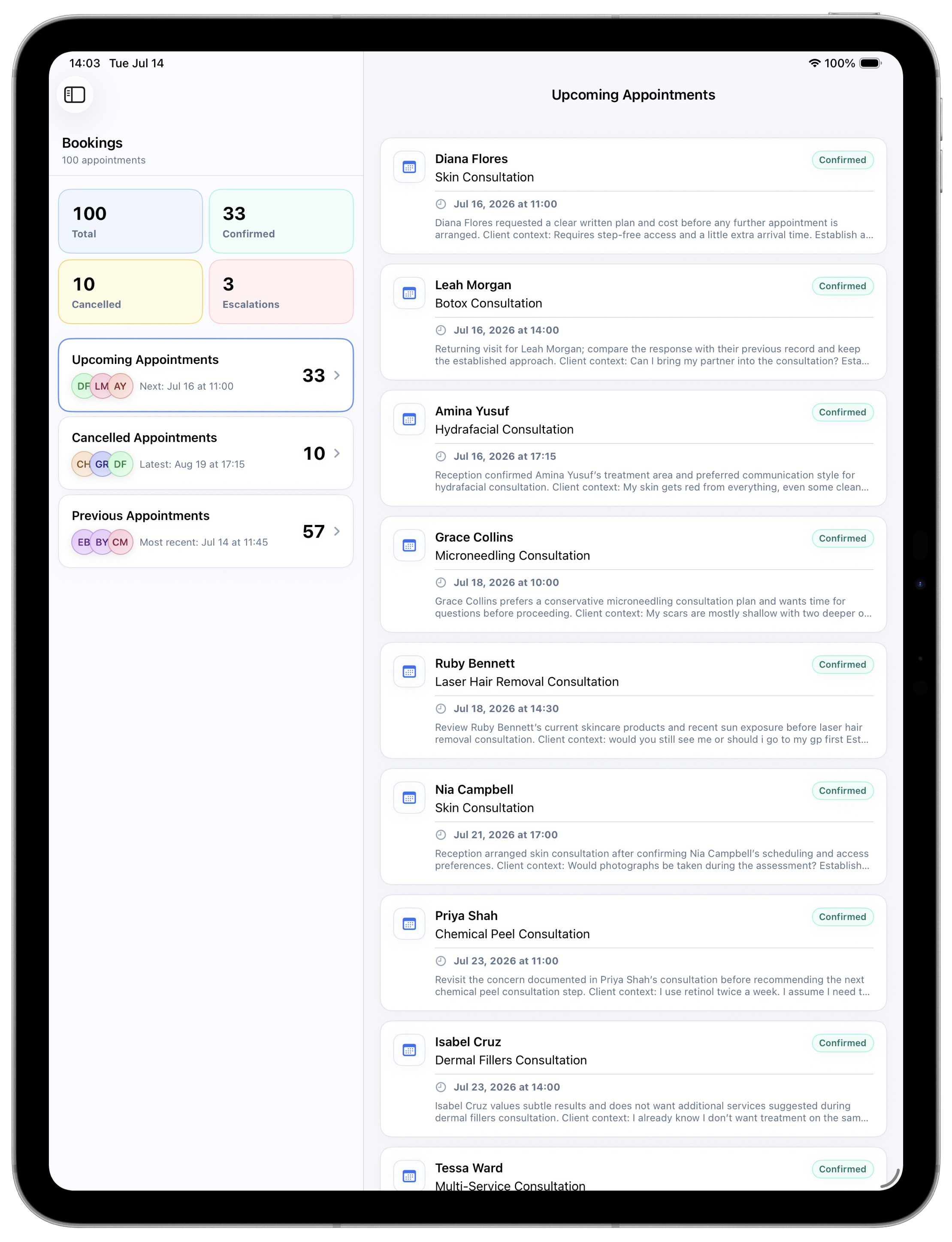 Allura booking operations on iPad