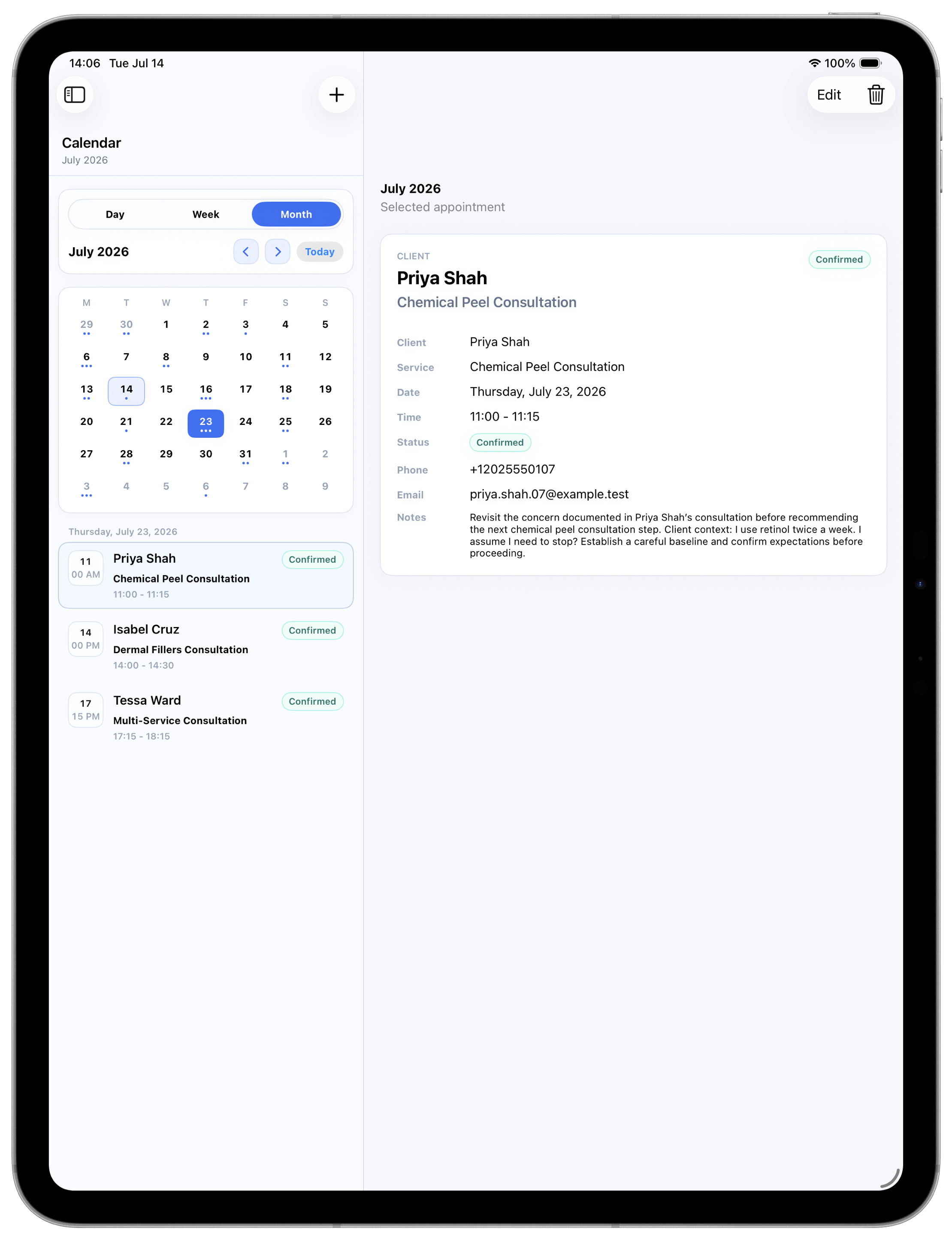 Allura calendar operations on iPad