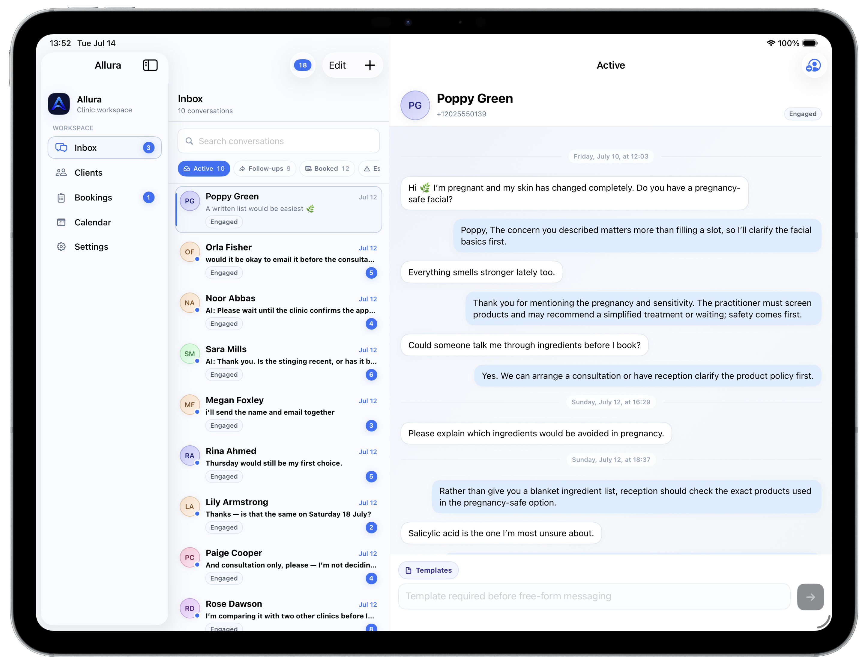 Allura active conversation view on iPad