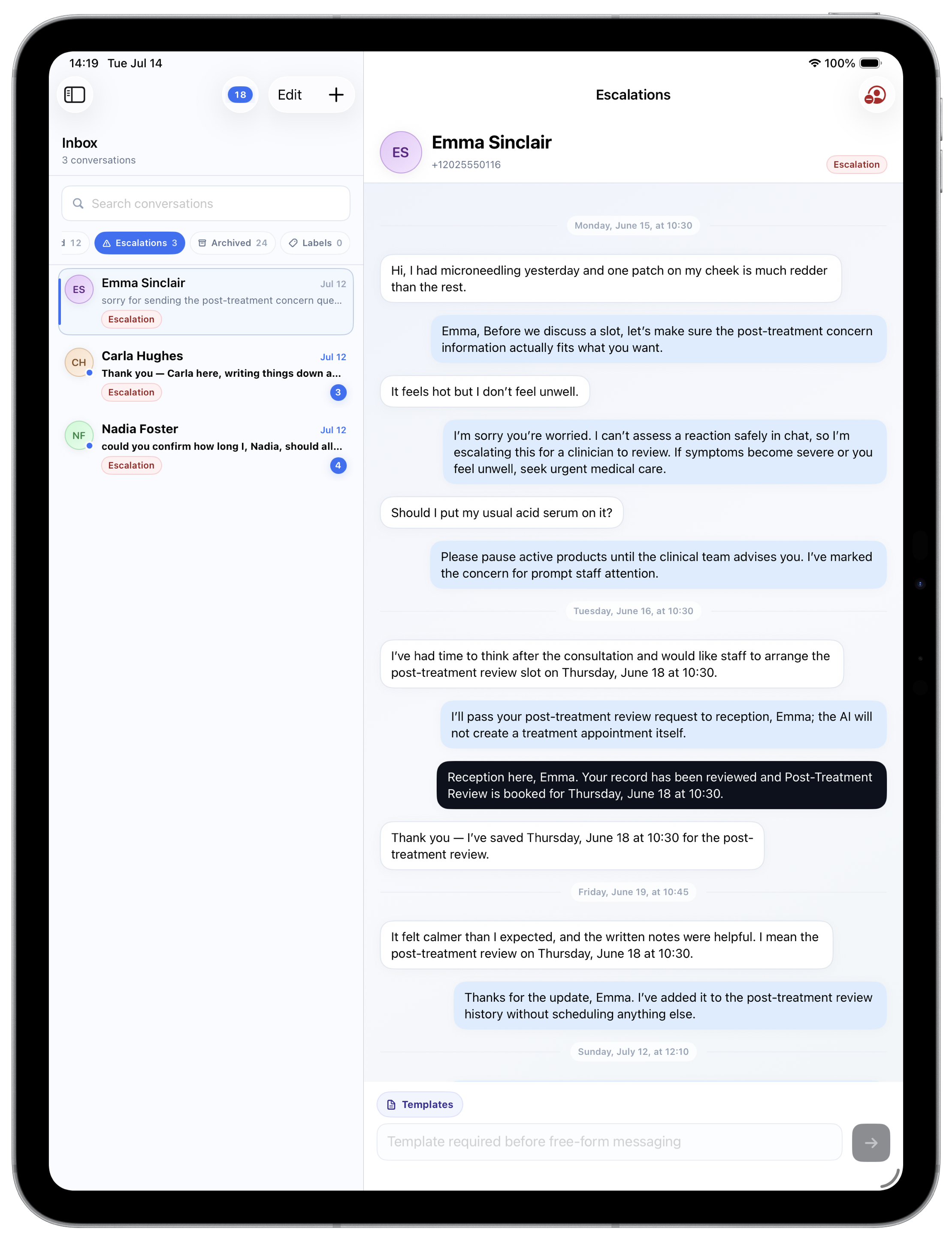 Allura escalation workflow on iPad