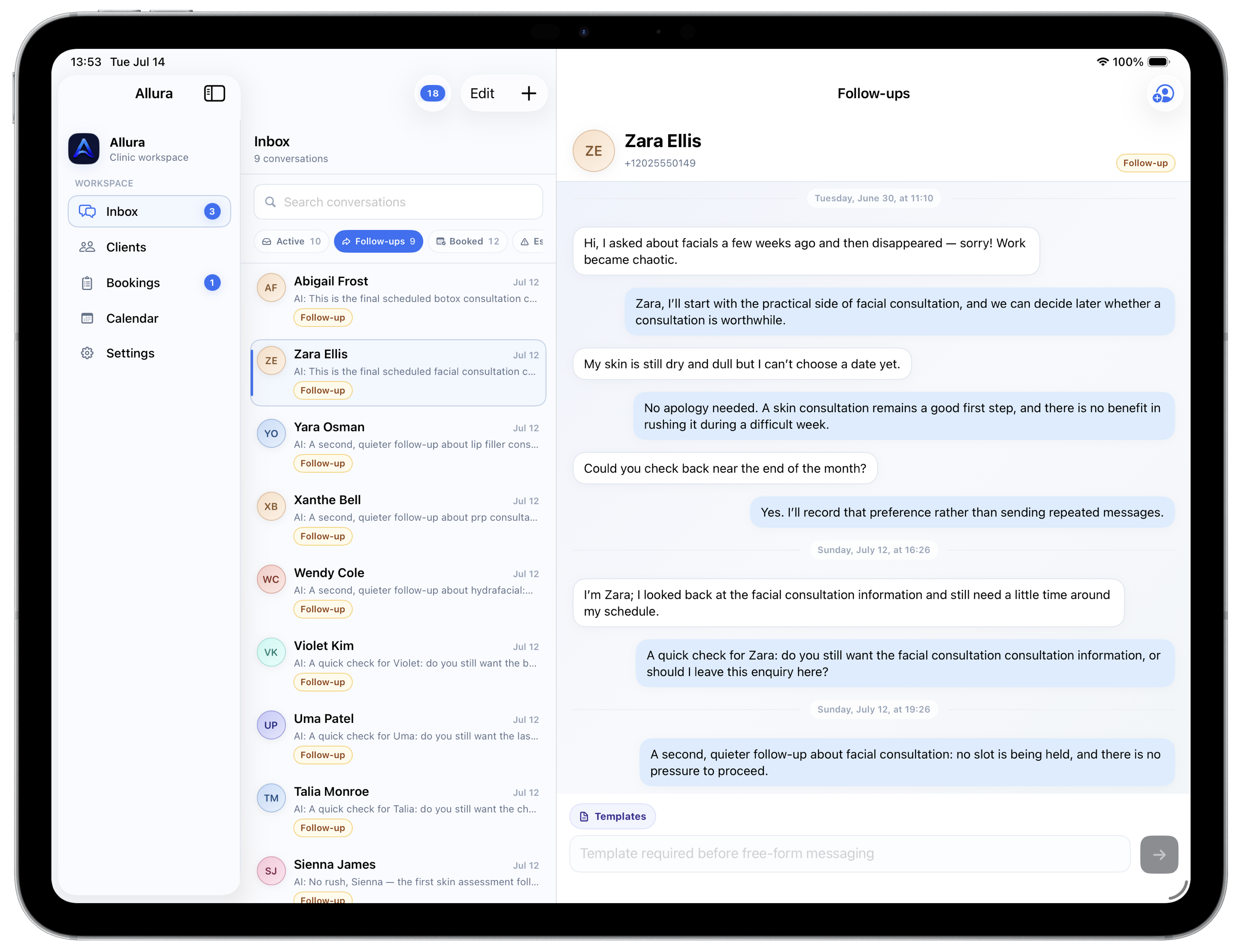 Allura follow-up conversation view on iPad