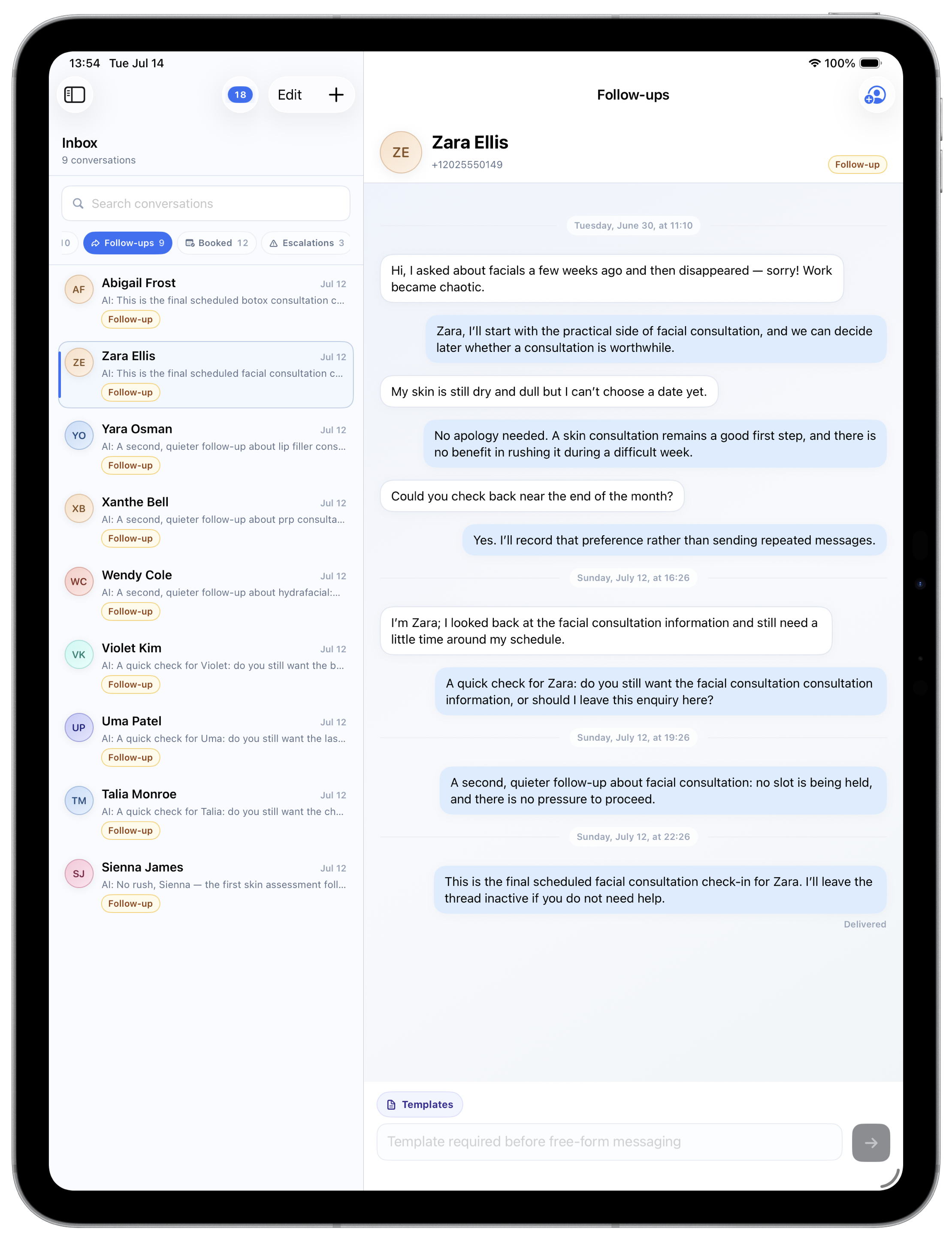 Allura follow-up conversation view on iPad