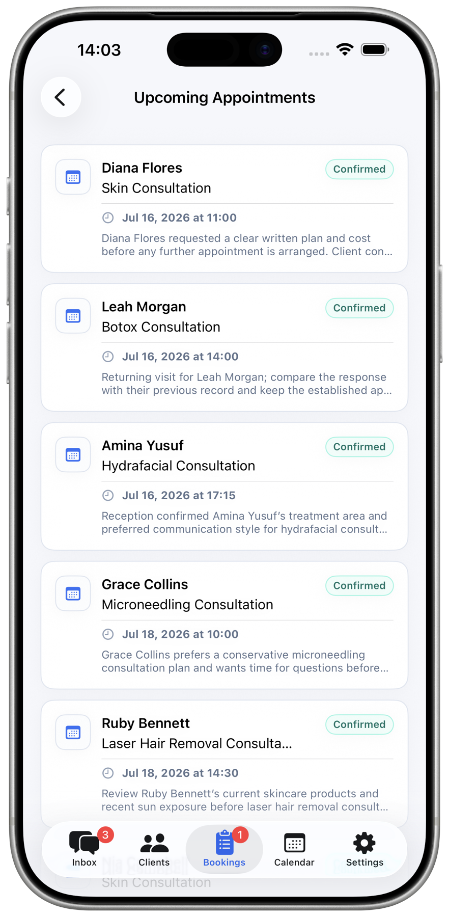 Allura bookings view on iPhone
