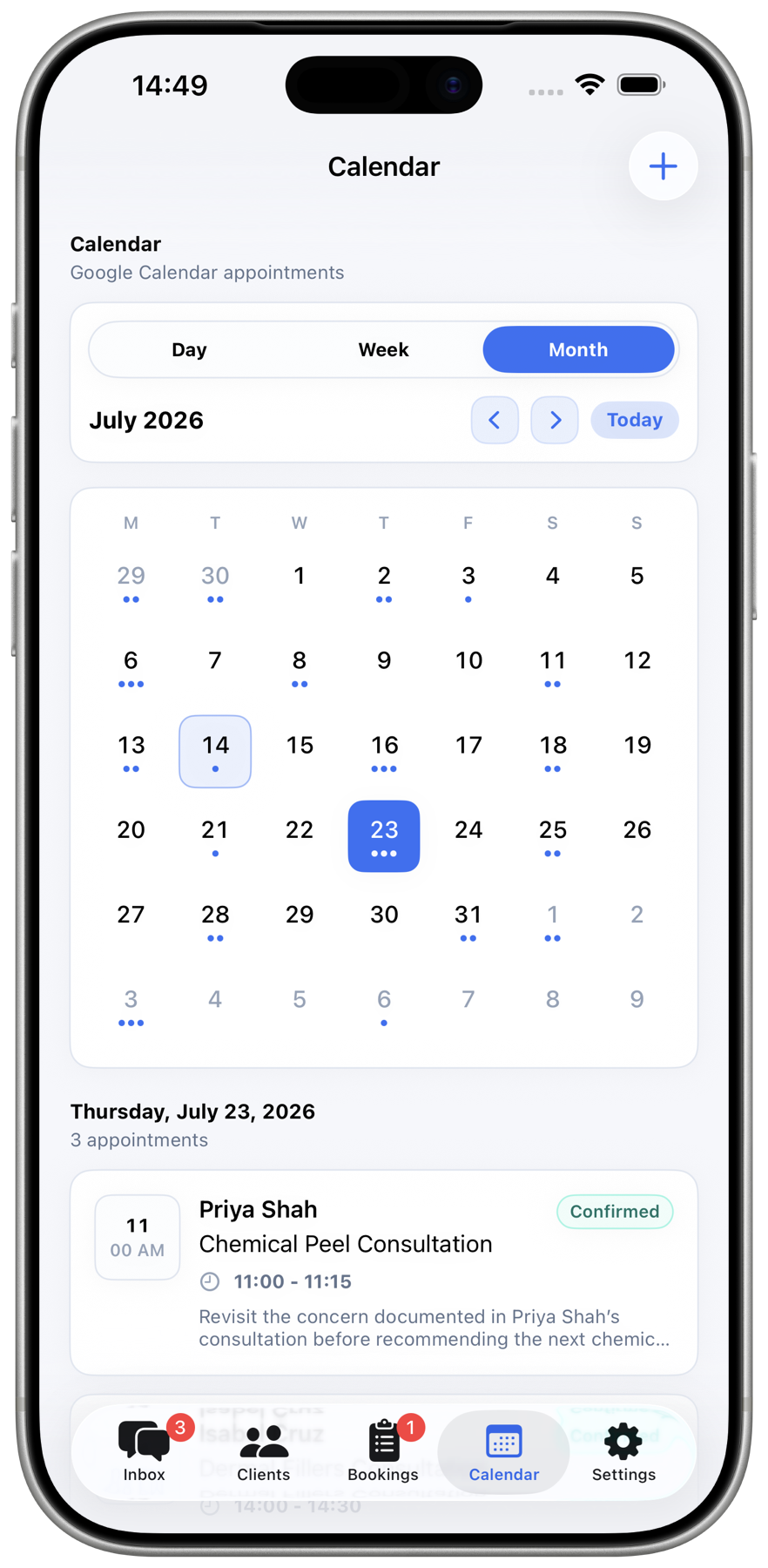 Allura calendar view on iPhone